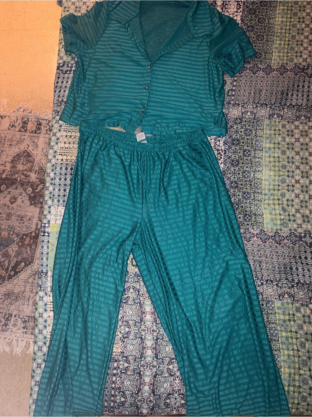 Hurley Teal Open-Weave Button Front Top and Bottom Set- cover up- never worn